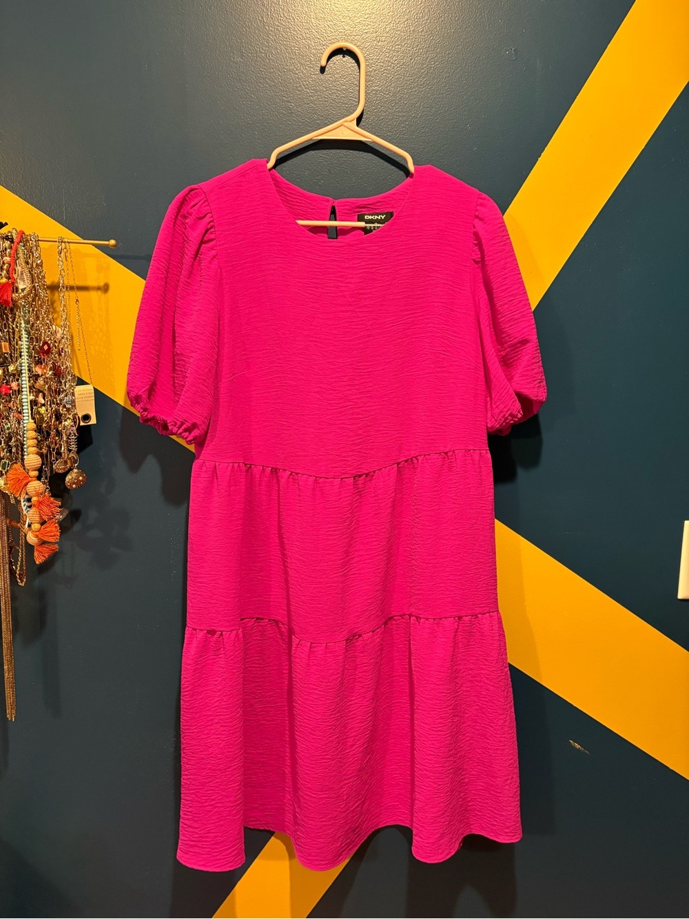 DKNY Magenta Short Sleeve Tiered Midi Dress NWOT